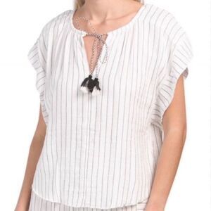 Joie‎ Striped Top Gauzy Fringe Tie Peasant Boho SS Shirt Small White Black